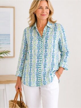 Sigrid Olsen Shirt Women’s L Blue Green Floral Button Front 100% Linen NWT